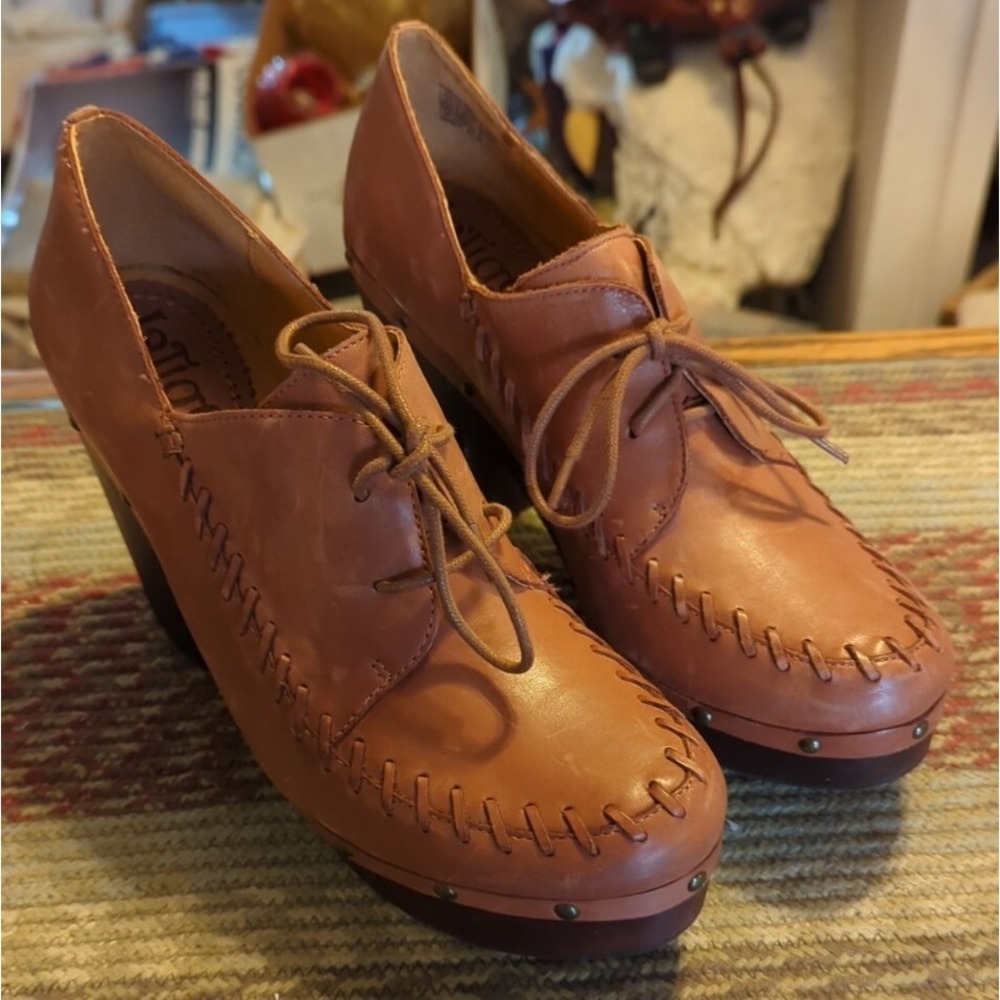 Latigo Womens Tan Leather Wood Sole Platform Shoes Anthropologie‎ 9M Closed Toe